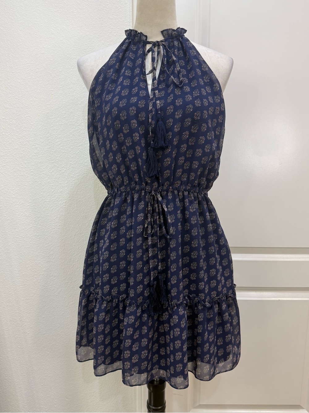Likely Navy Printed Halter Tie-Waist Mini Dress NWT